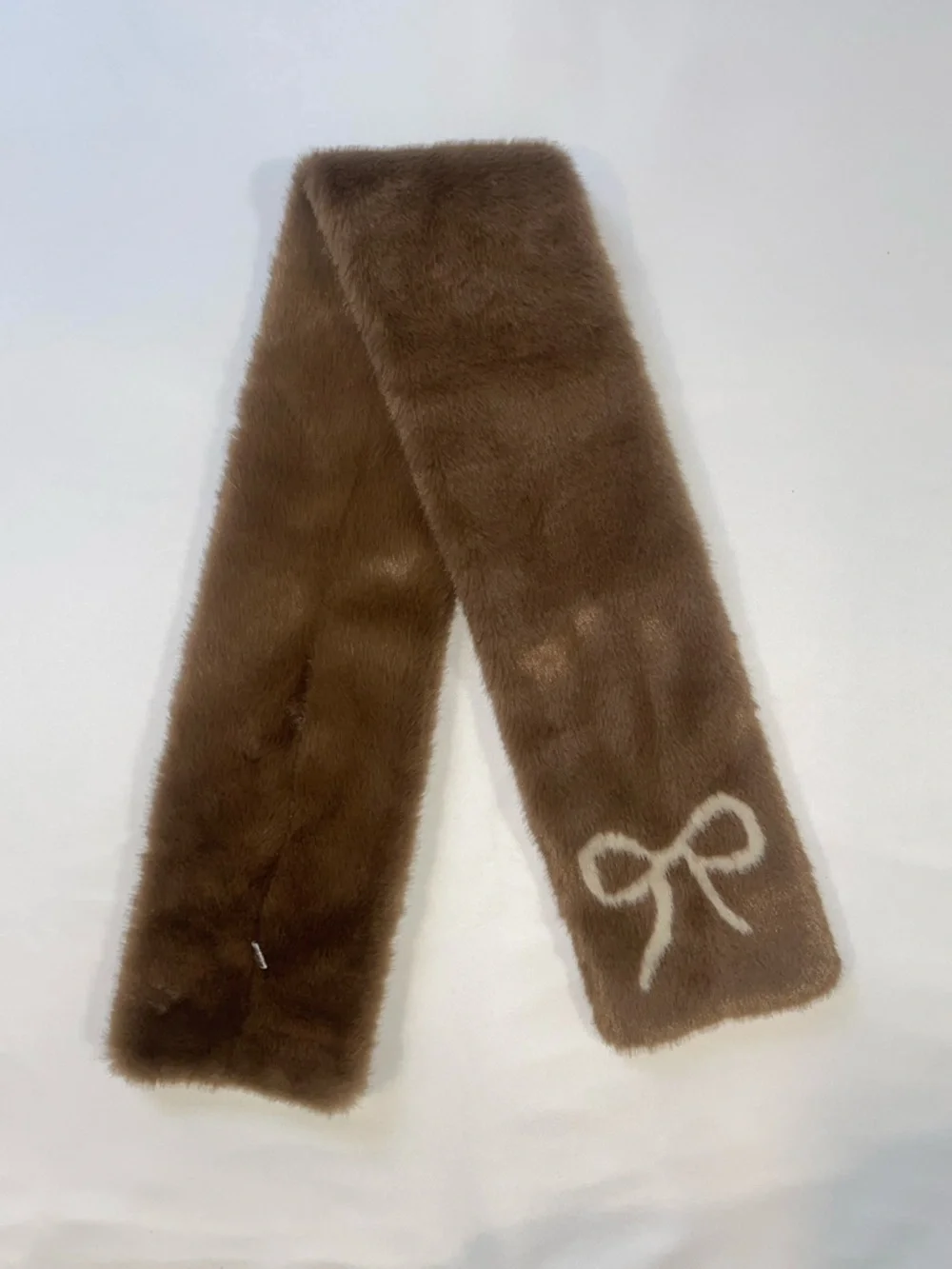 Brown Faux Fur Scarf with Bow Accent